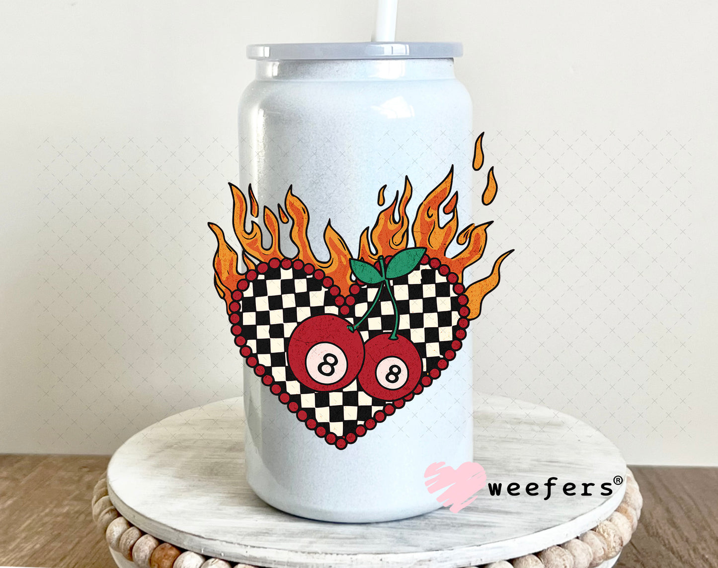 UV DTF Decal - Fire Heart Eight Balls 16oz Glass Can Generic Weefers