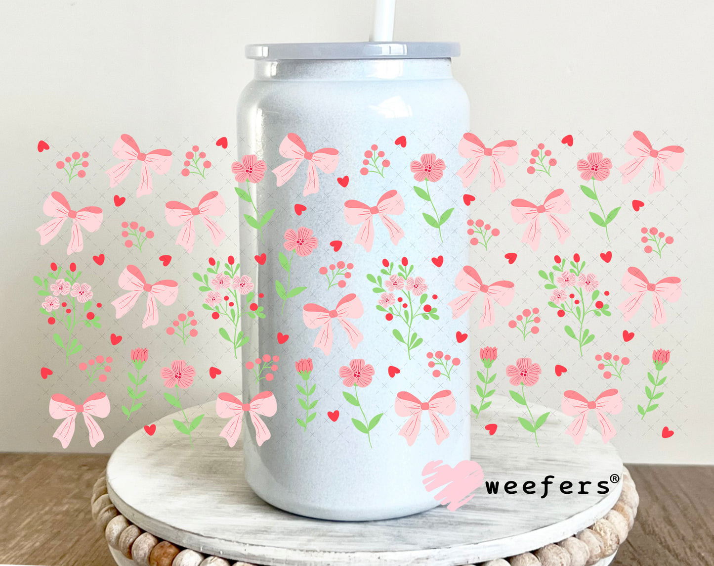 UV DTF Cup Wrap – Coquette Pink Bows 16oz Glass Can Generic Weefers