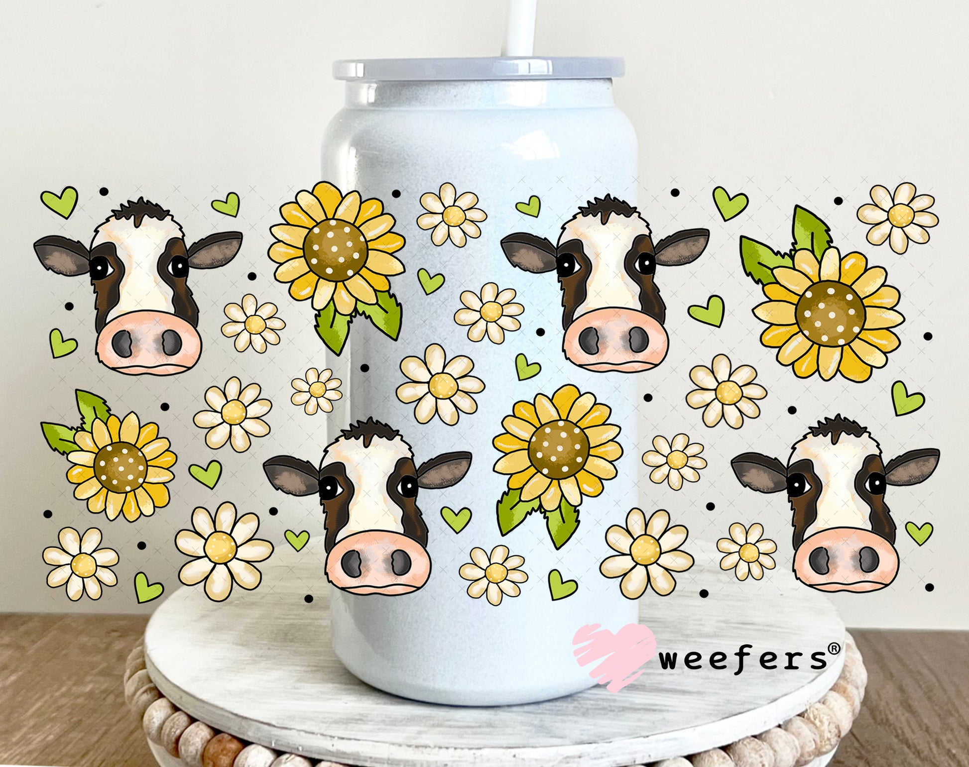 UV DTF Cup Wrap – Sunflower Cow Heads 16oz Glass Can Generic Weefers