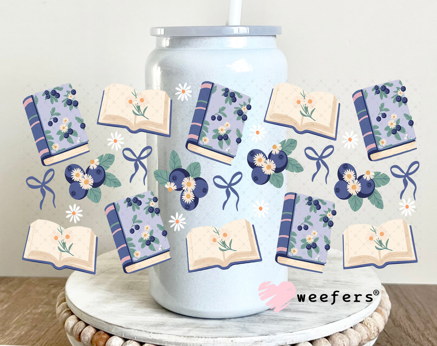 UV DTF Cup Wrap – Blueberry and books 16oz Glass Can Generic Weefers