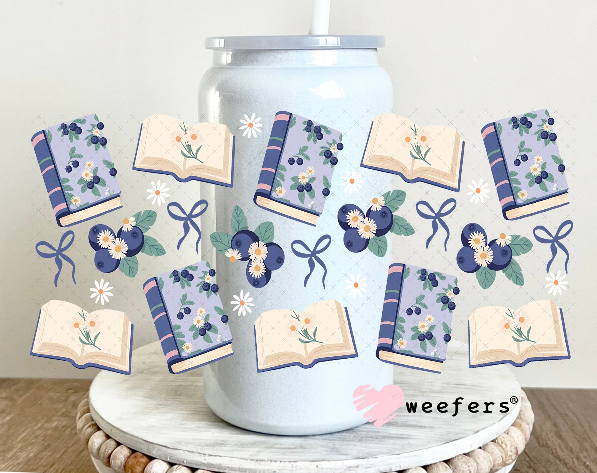 UV DTF Cup Wrap – Blueberry and books 16oz Glass Can Generic Weefers