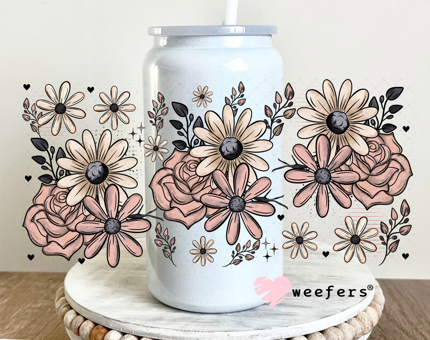 UV DTF Cup Wrap – Mauve and Sand Daisy Flowers 16oz Glass Can Generic Weefers
