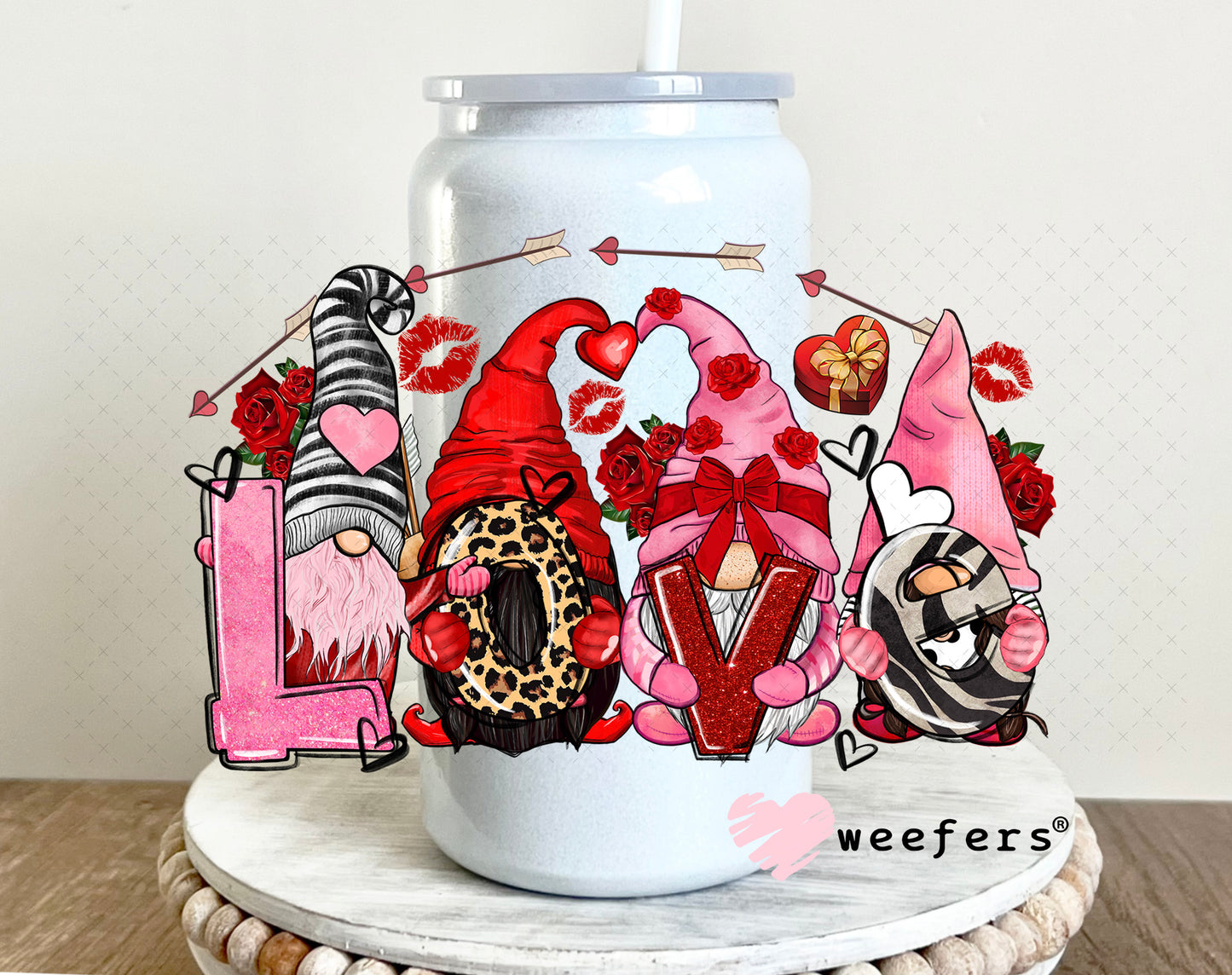 UV DTF Decal - Love Gnomes Valentine's Day 16oz Glass Can Generic Weefers