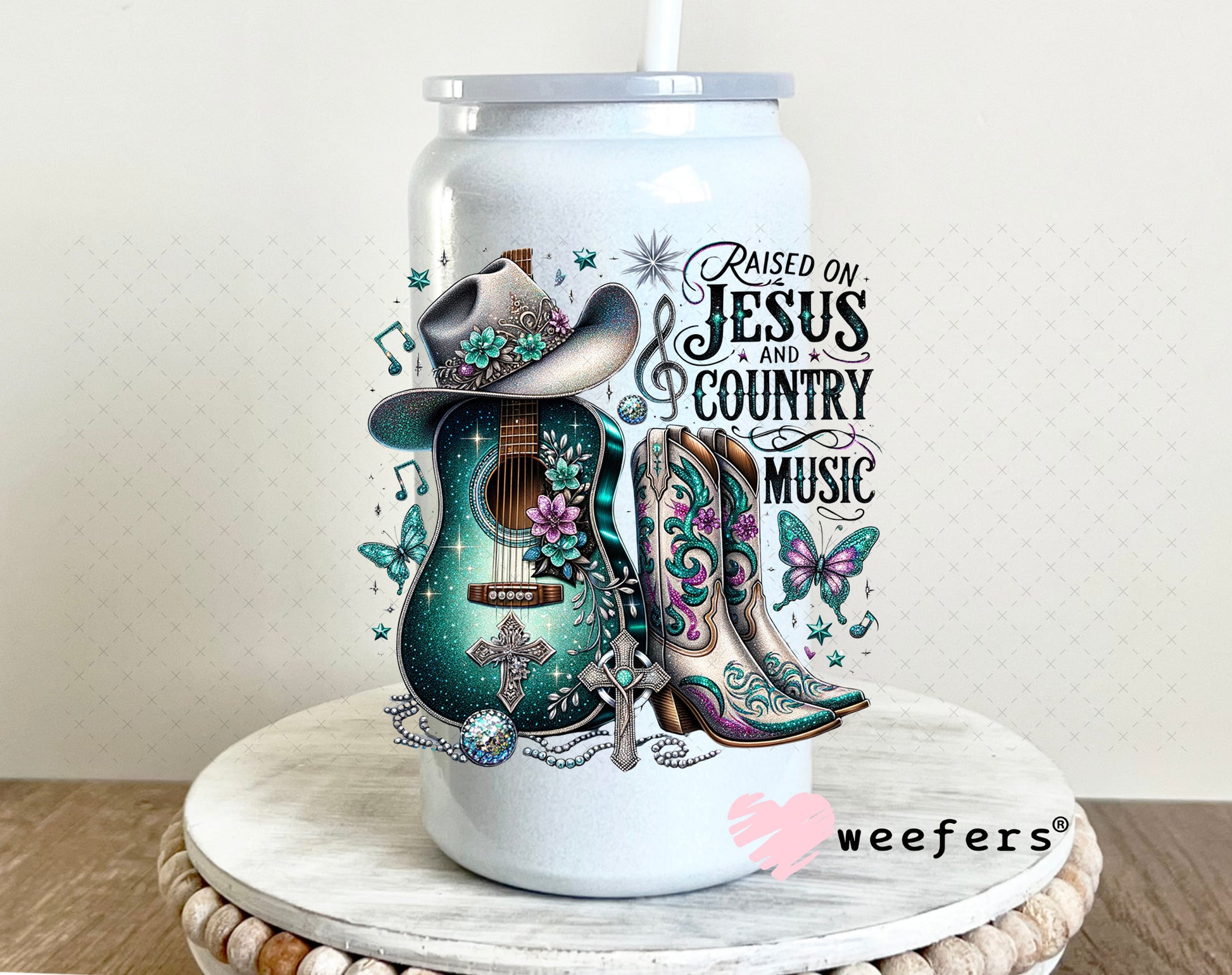 UV DTF Decal - Raised on Jesus and Country Music 16oz Glass Can Generic Weefers