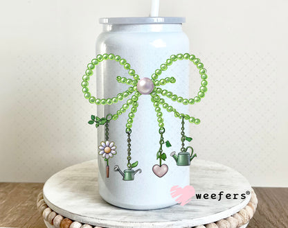 UV DTF Decal - Pearl Green Bow Gardening 16oz Glass Can Generic Weefers
