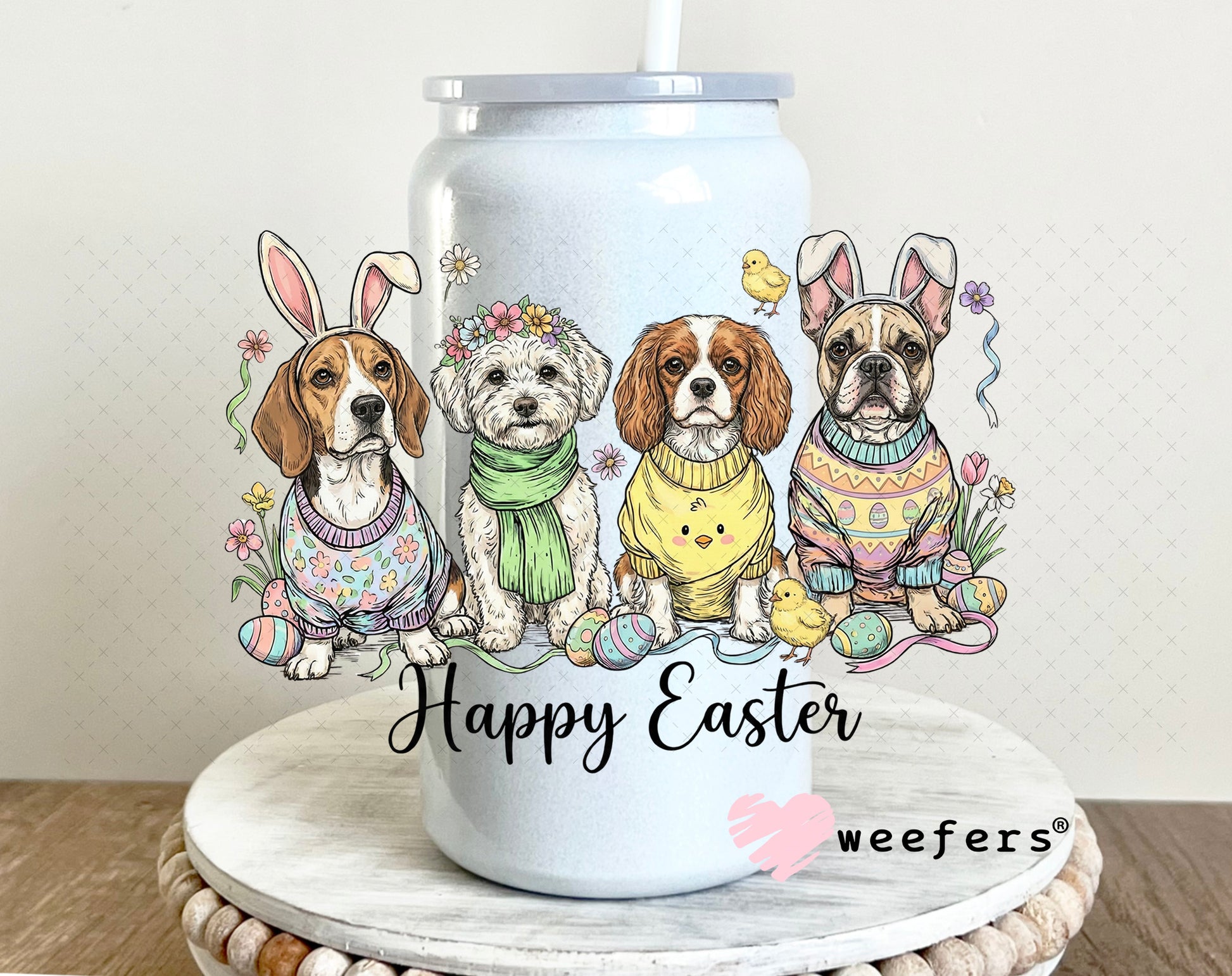 UV DTF Decal - Happy Easter Dog Friends 16oz Glass Can Generic Weefers