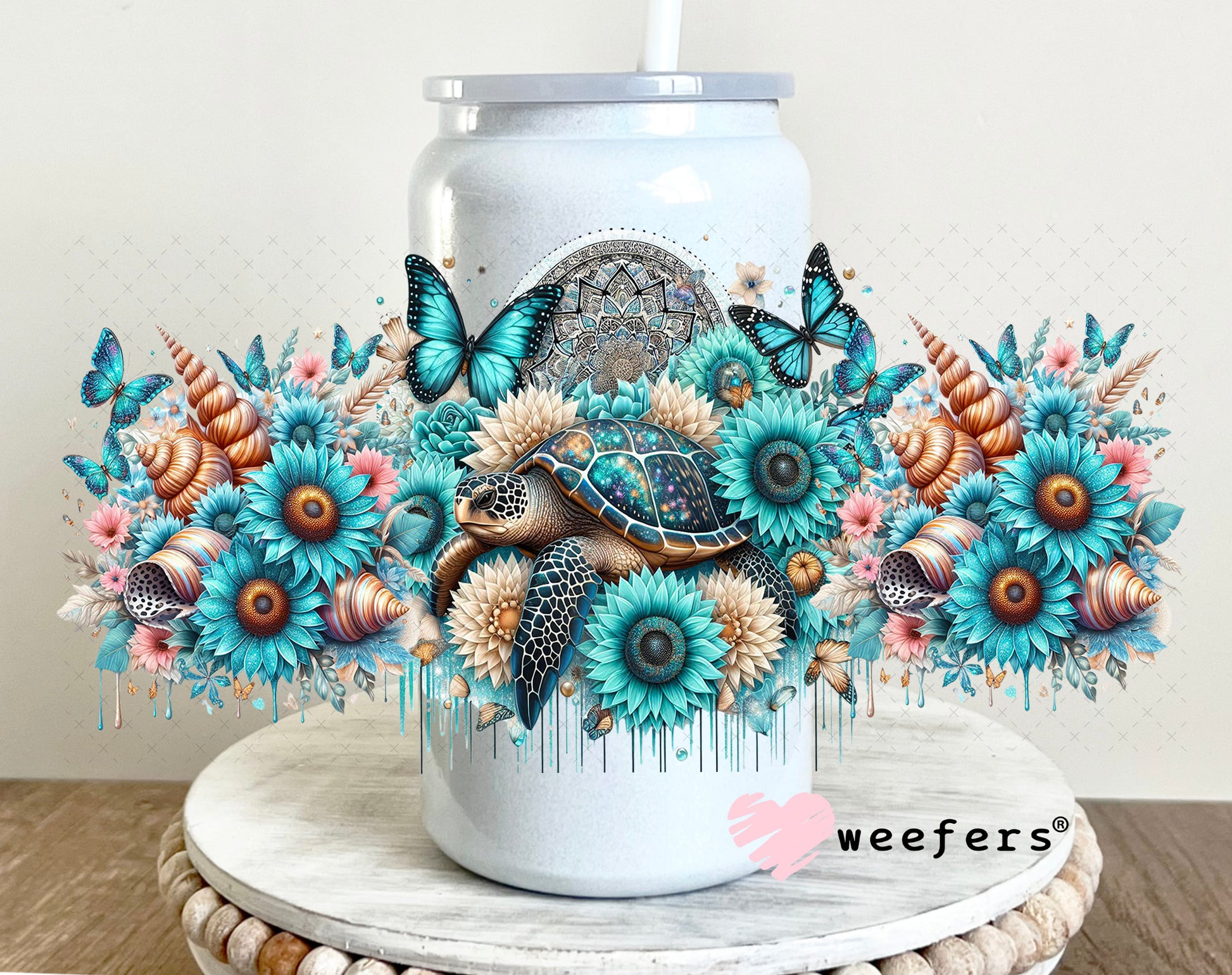 UV DTF Cup Wrap – Blue Turtle and Sunflowers 16oz Glass Can Generic Weefers