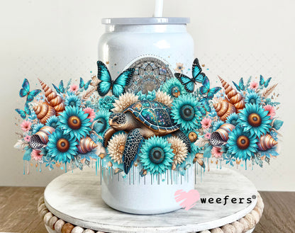 UV DTF Cup Wrap – Blue Turtle and Sunflowers 16oz Glass Can Generic Weefers