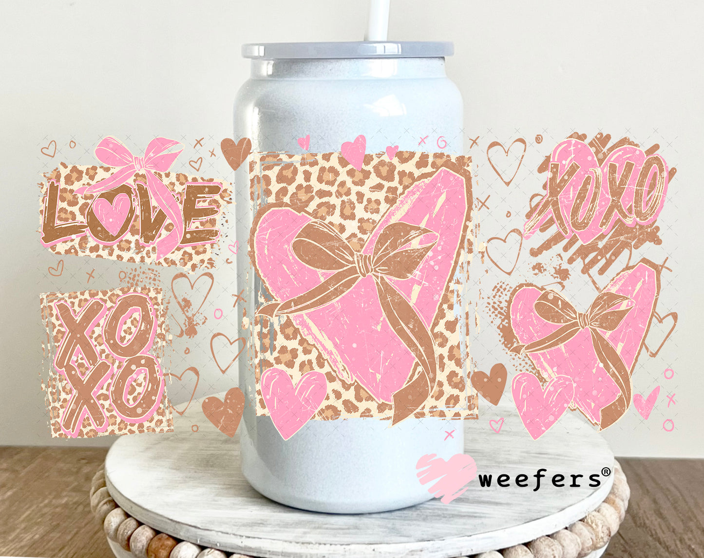 UV DTF Cup Wrap – Cheetah Brown and Pink Valentine's Day 16oz Glass Can Generic Weefers