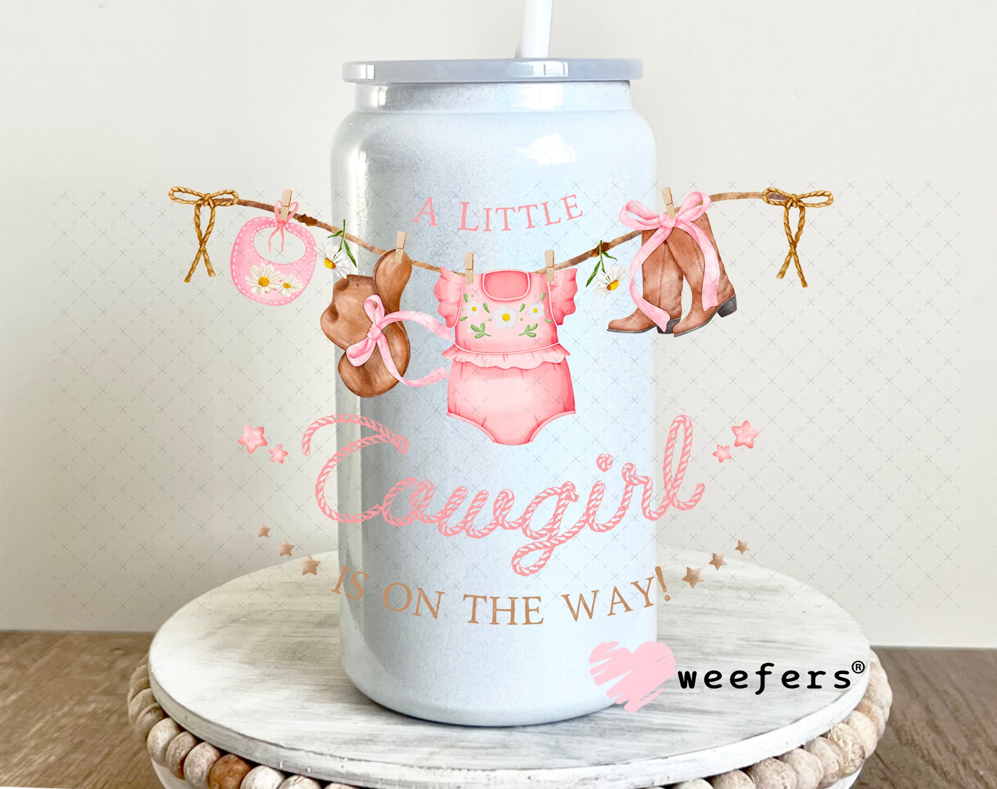 UV DTF Decal - A Little Cowgirl is on the Way Baby Shower 16oz Glass Can Generic Weefers