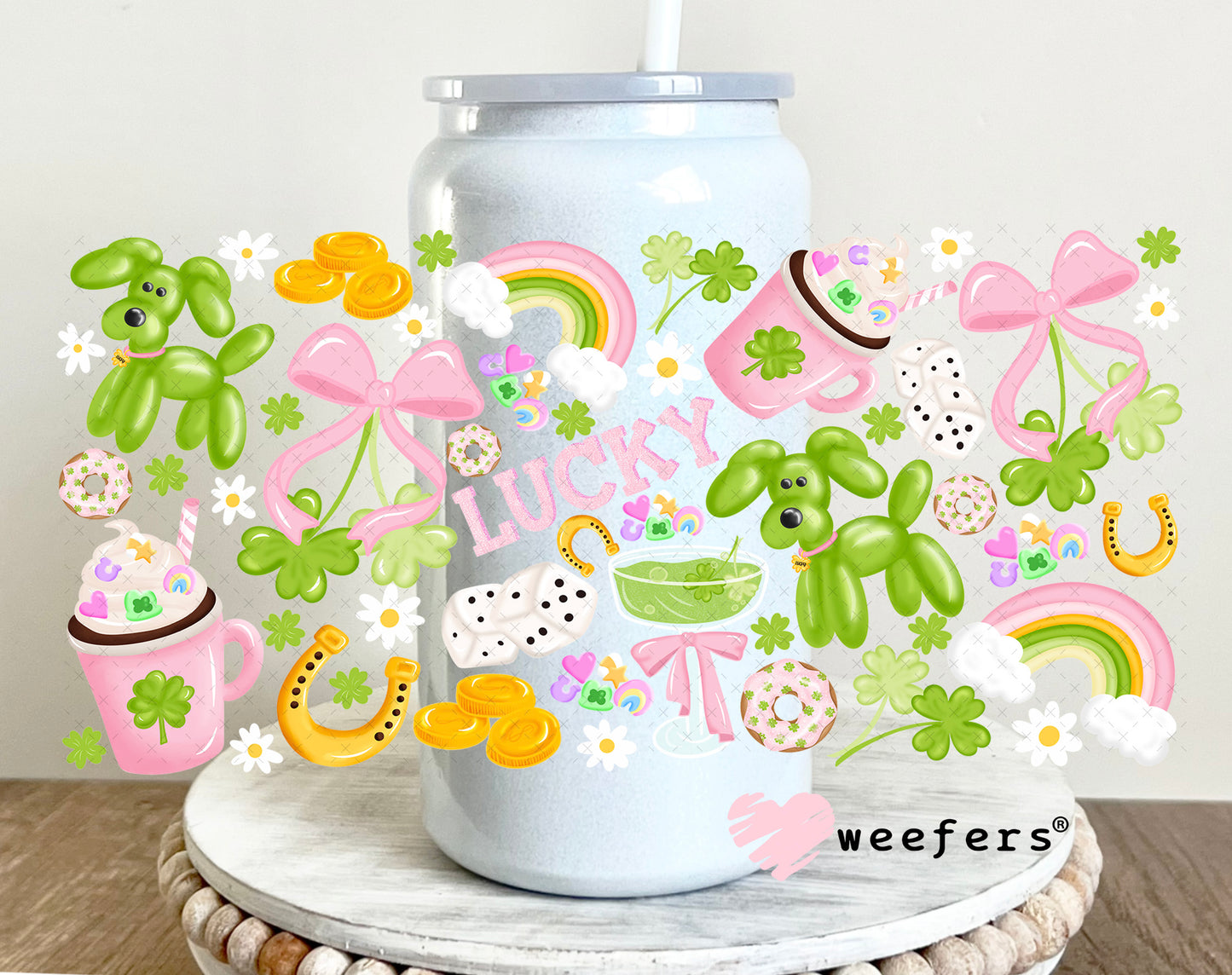 UV DTF Cup Wrap – Lucky Green and Pink Balloon Dog 16oz Glass Can Generic Weefers