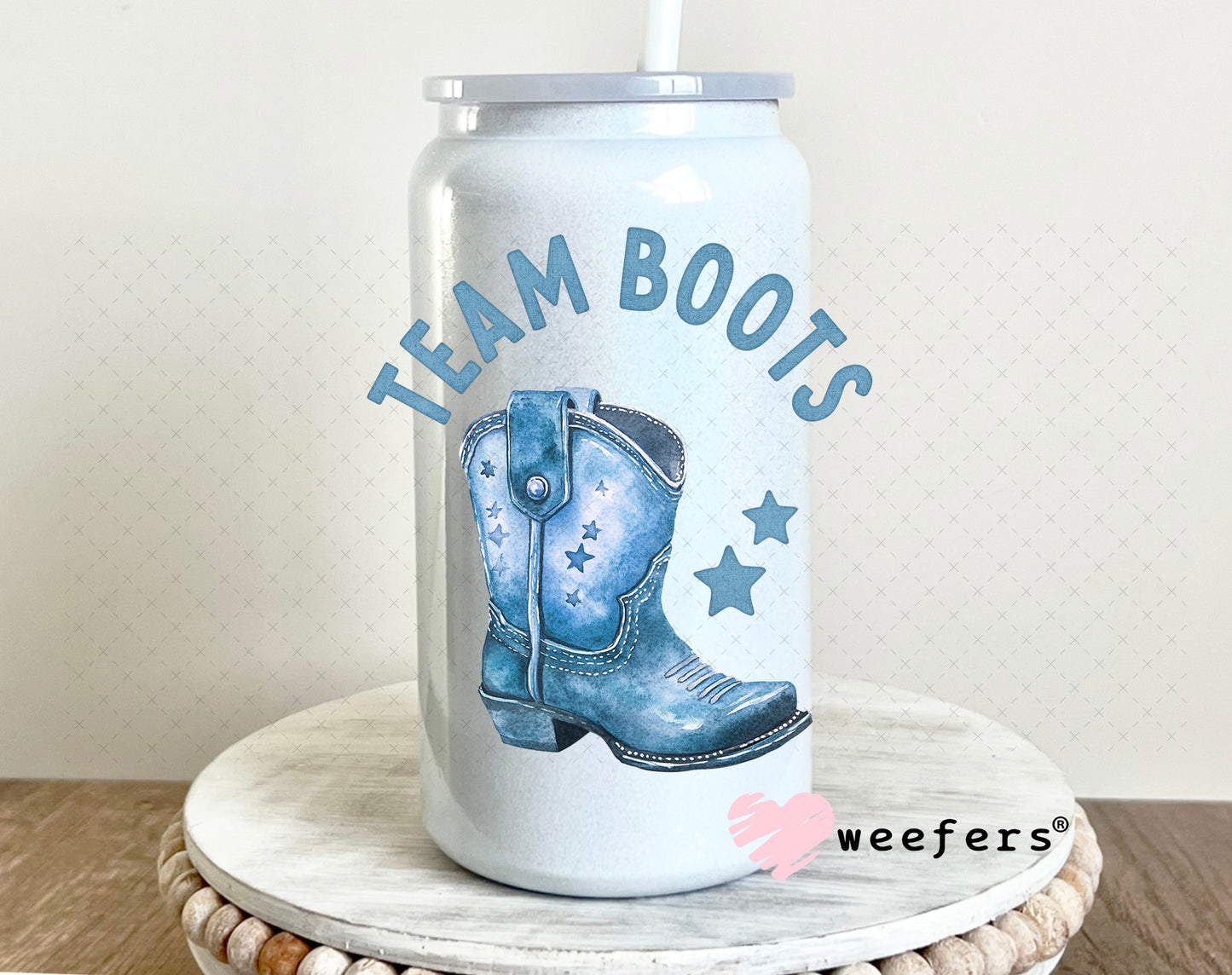 UV DTF Decal - Team Boots Baby Shower Gender Reveal Boy 16oz Glass Can Generic Weefers