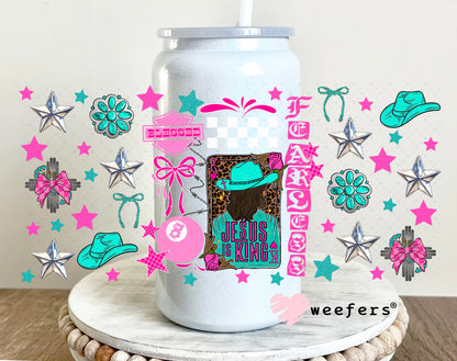 UV DTF Cup Wrap – Jesus is King Teal and Hot Pink - Weefers Exclusive 16oz Glass Can Generic Weefers