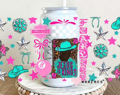 UV DTF Cup Wrap – Jesus is King Teal and Hot Pink - Weefers Exclusive 16oz Glass Can Generic Cup Wrap Weefers