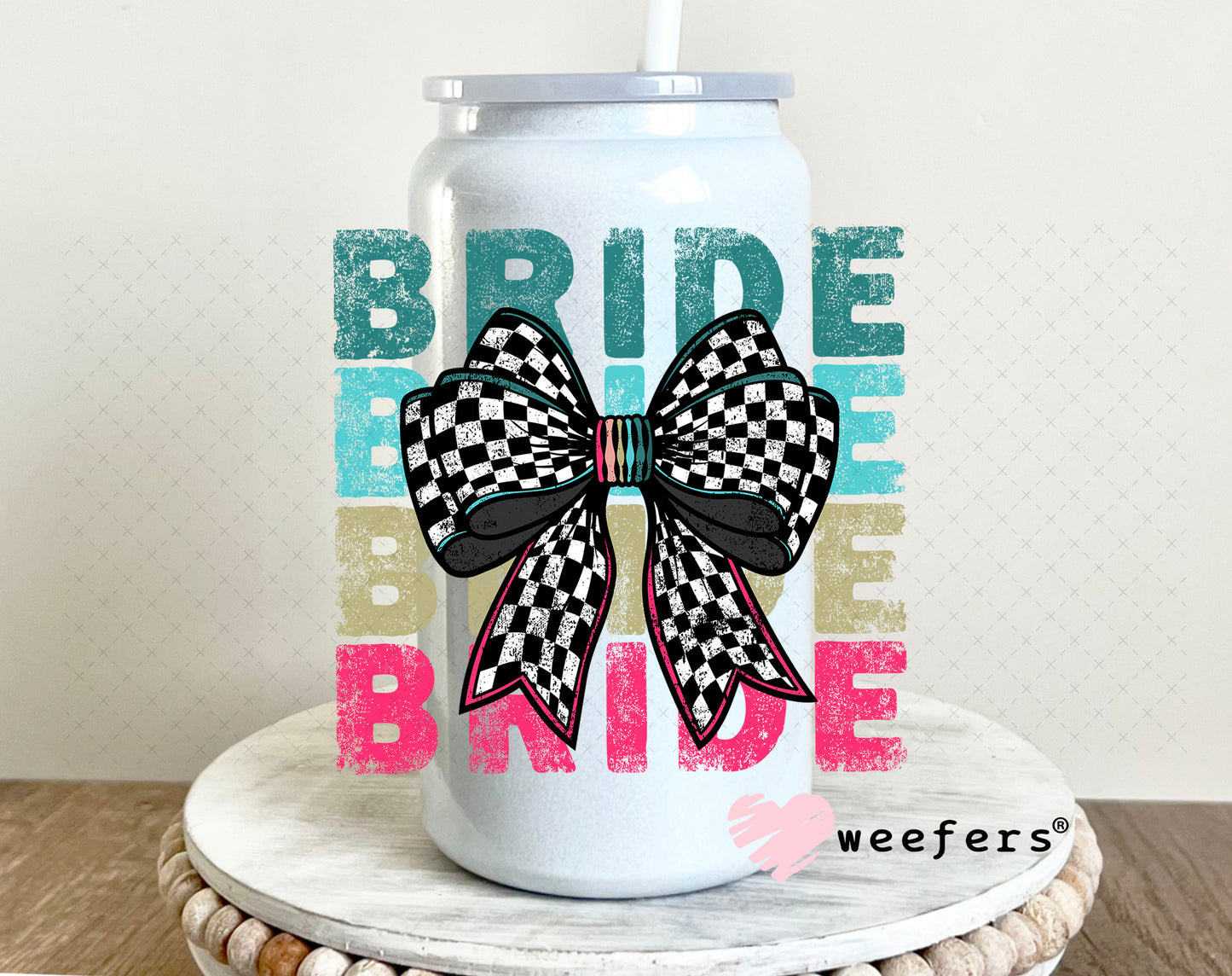 UV DTF Decal - Bride Checkered Bow Black and White 16oz Glass Can Generic Weefers