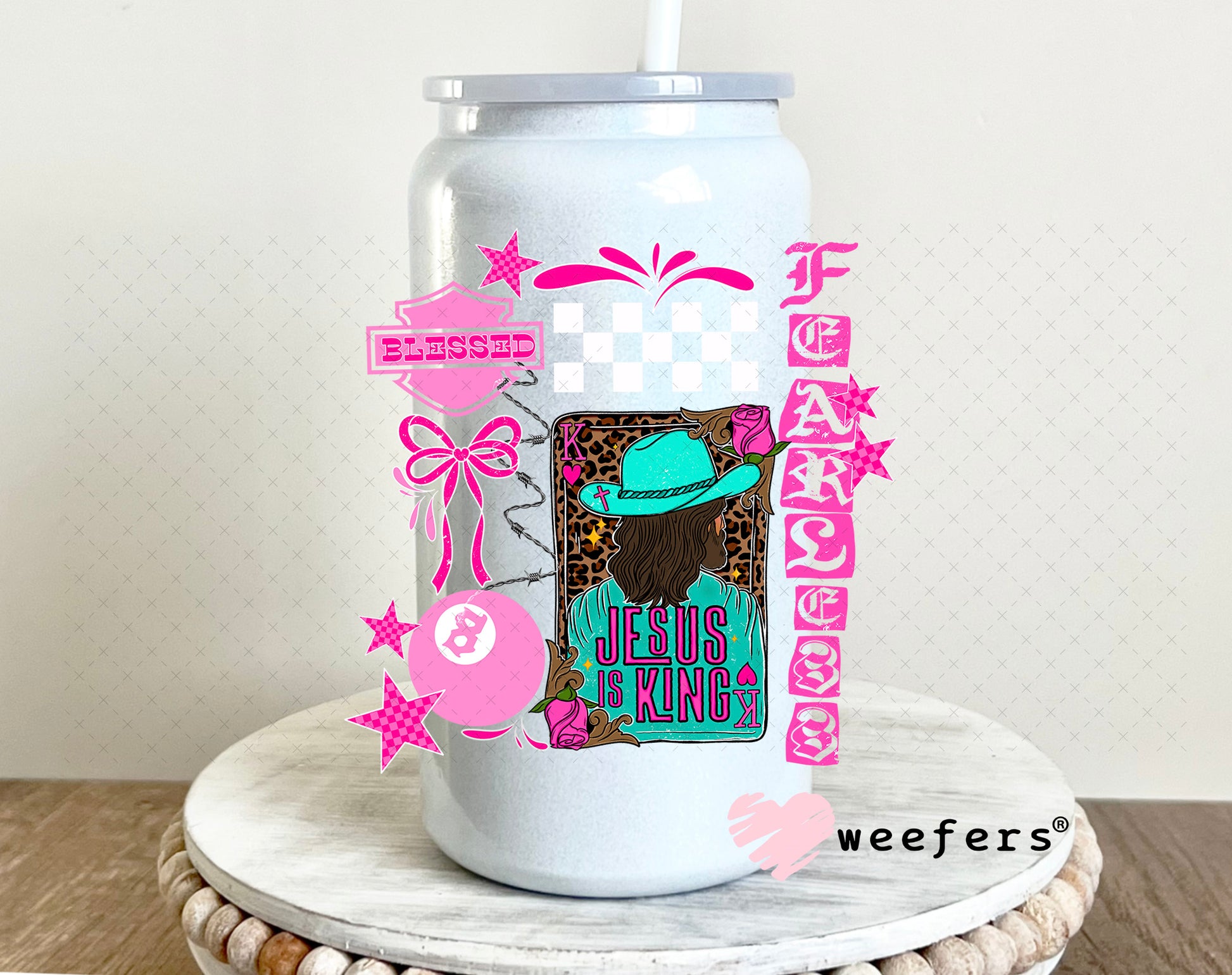 UV DTF Decal - Jesus is King Teal and Hot Pink 16oz Glass Can Generic Weefers