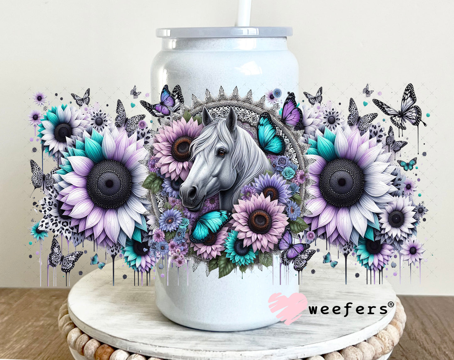 UV DTF Cup Wrap – Horse Teal and Lilac Sunflowers