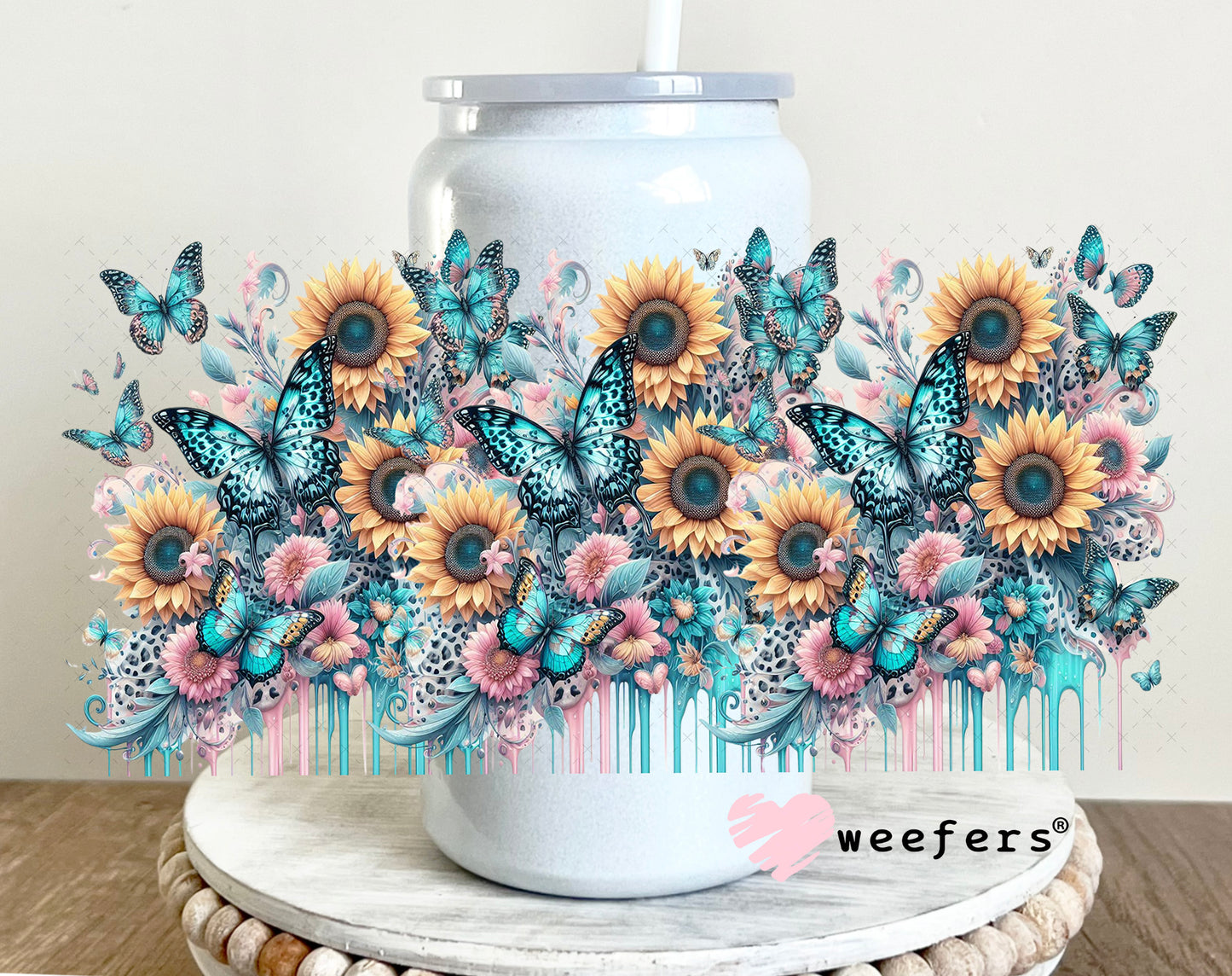 UV DTF Cup Wrap – Teal Pink Butterflies and Sunflowers