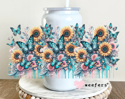 UV DTF Cup Wrap – Teal Pink Butterflies and Sunflowers 16oz Glass Can Generic Weefers