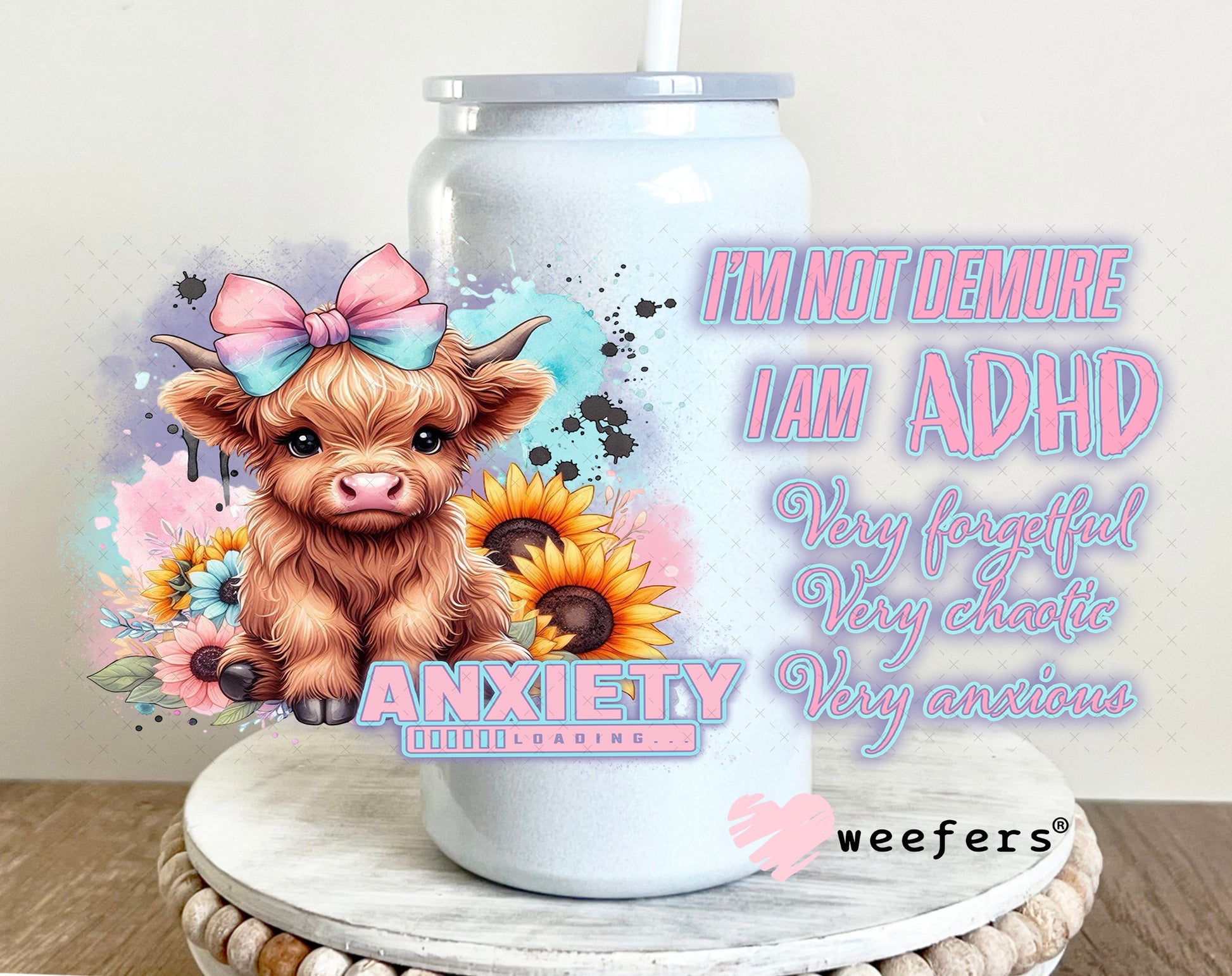 UV DTF Cup Wrap – I'm not Demure Cute Highlander Cow 16oz Glass Can Generic Weefers