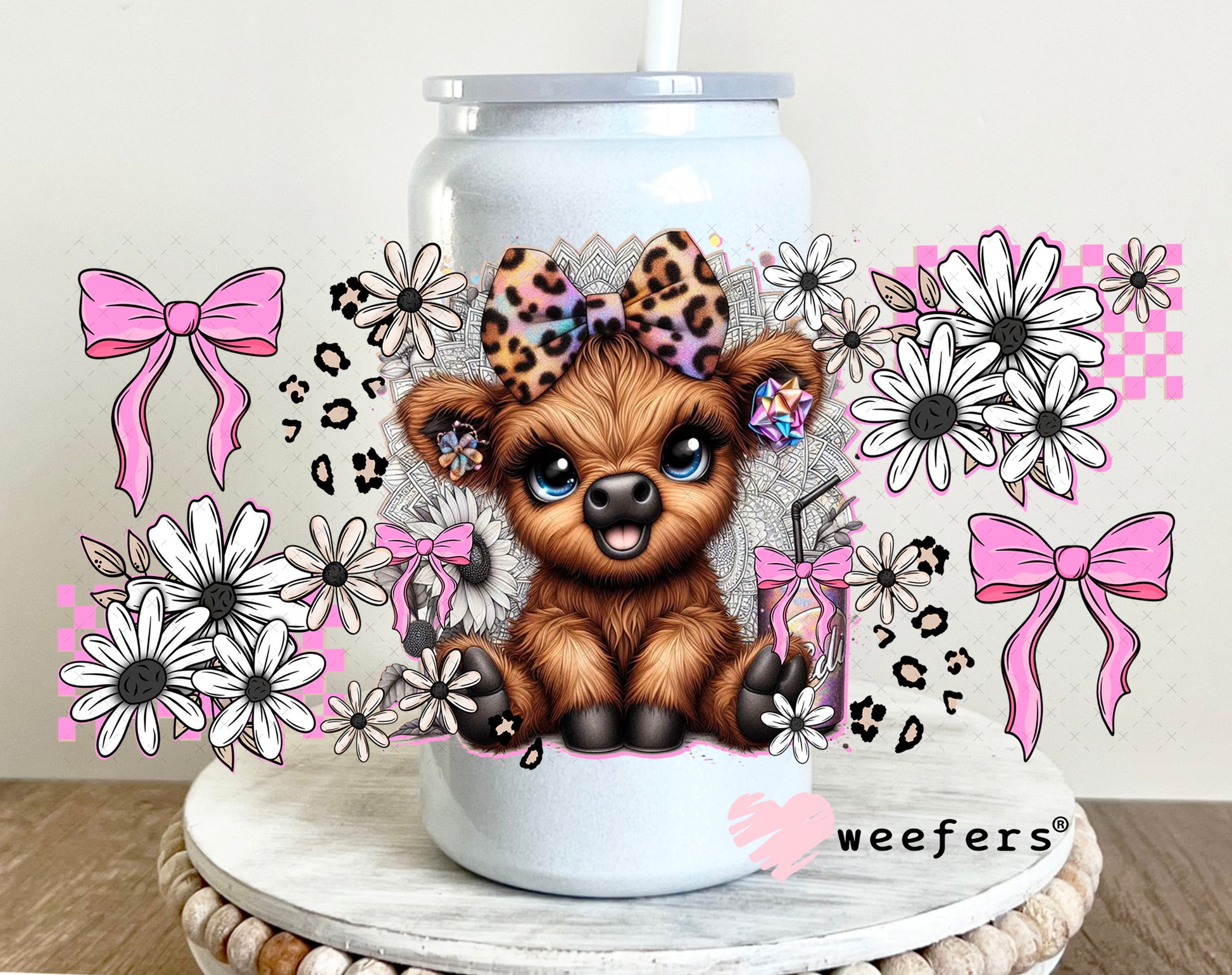 UV DTF Cup Wrap – Highlander Cow and Pink Bows 16oz Glass Can Generic Weefers