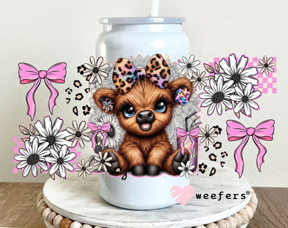 UV DTF Cup Wrap – Highlander Cow and Pink Bows 16oz Glass Can Generic Weefers