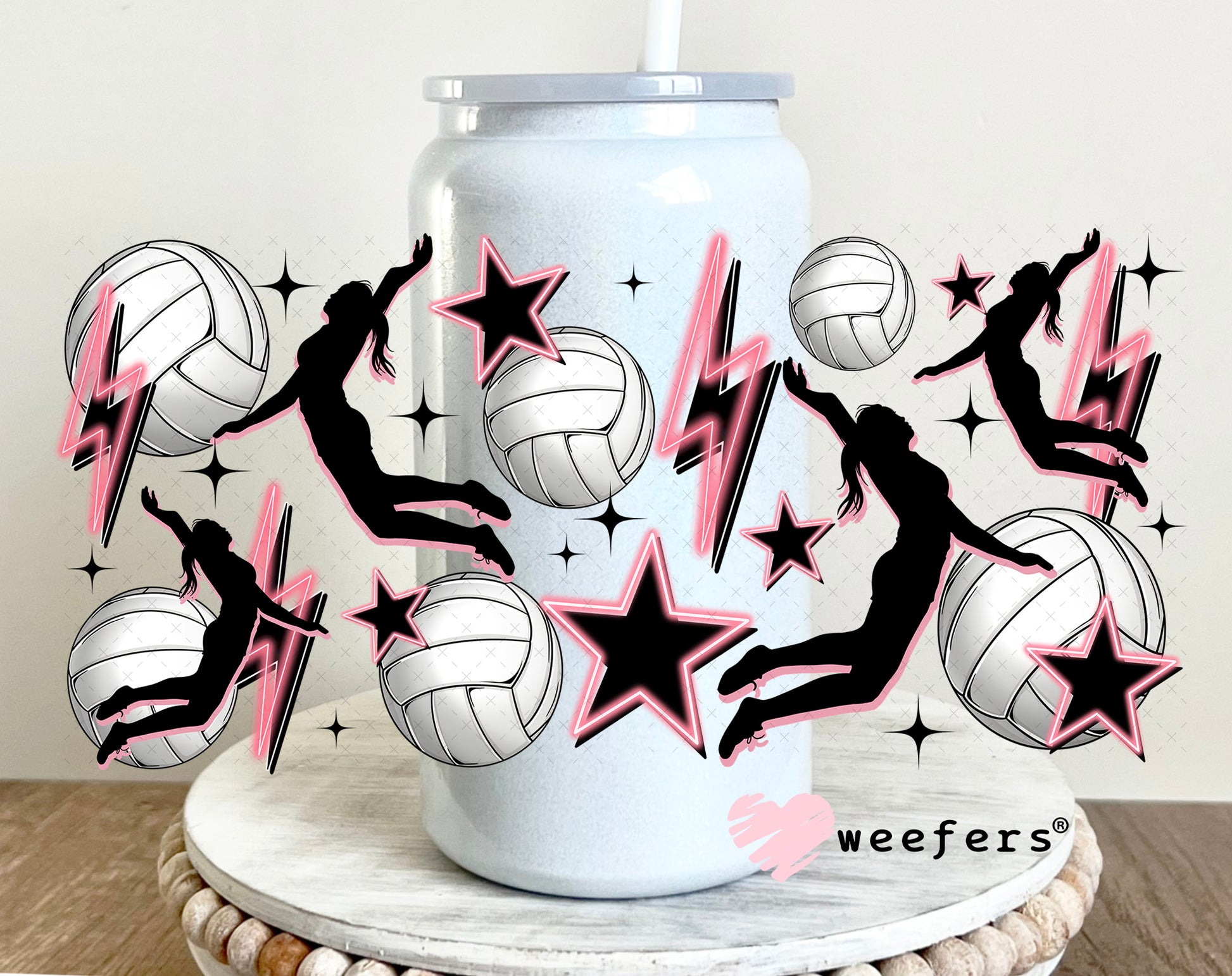 UV DTF Cup Wrap – Volleyball Pink and Black Spiking 16oz Glass Can Generic Weefers