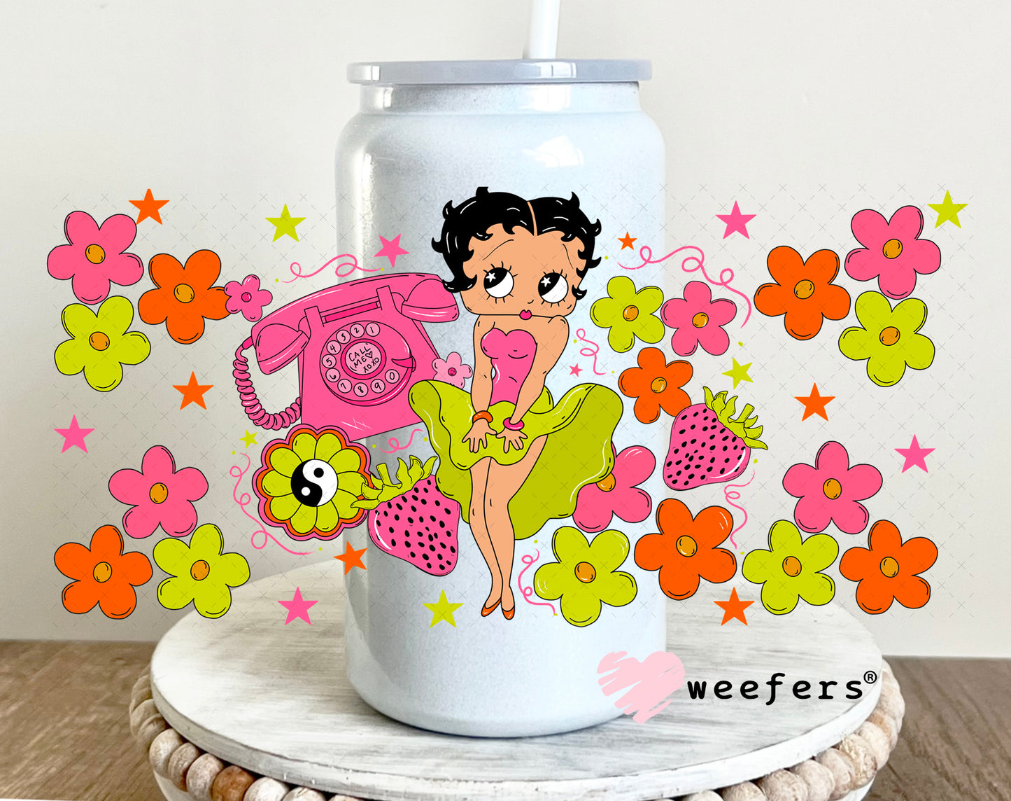 UV DTF Cup Wrap – Betty Boop Pink Green 16oz Glass Can Generic Weefers