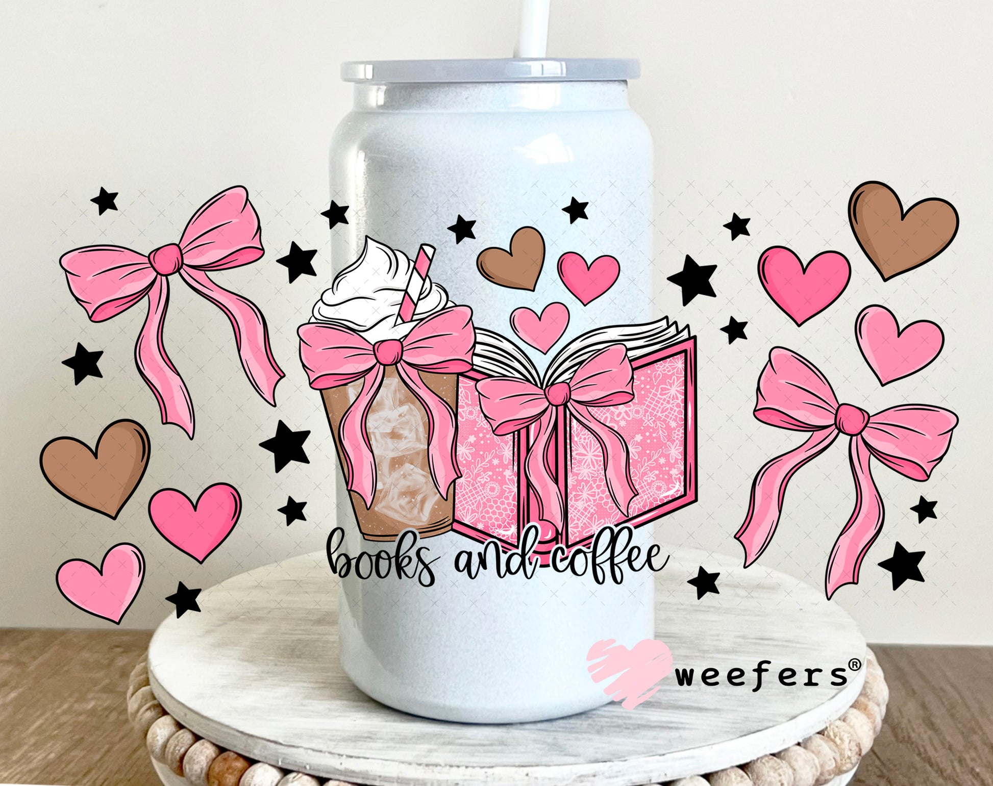 UV DTF Cup Wrap – Books and Coffee Pink and Brown 16oz Glass Can Generic Weefers