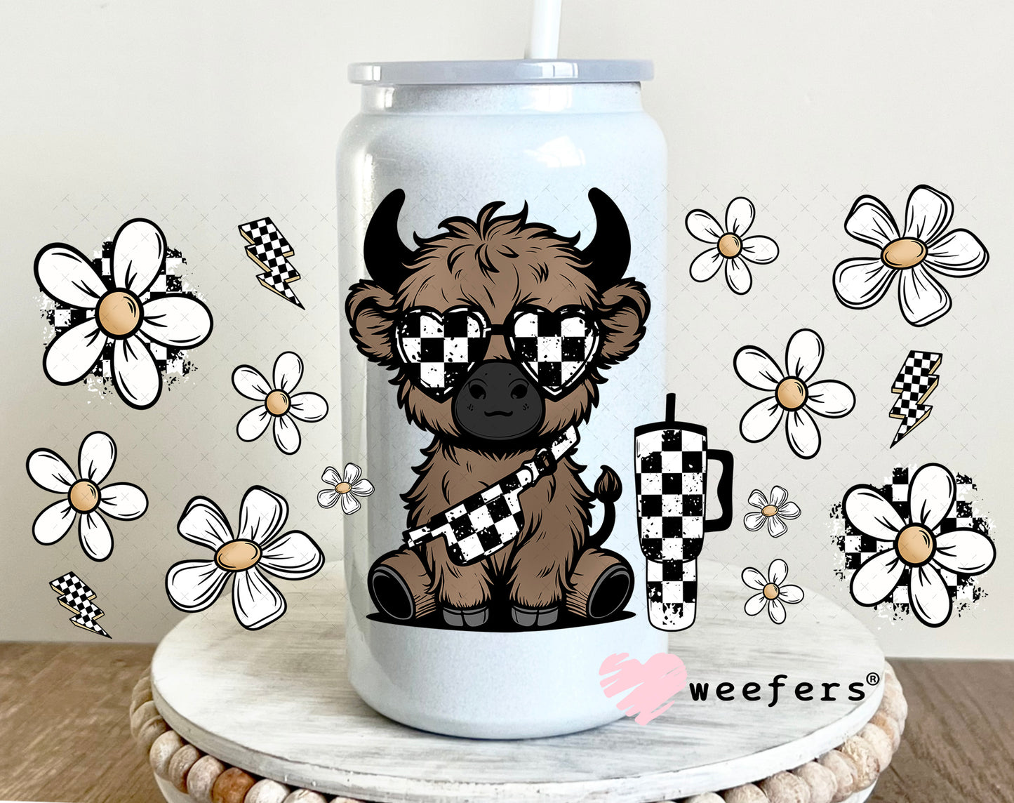 UV DTF Cup Wrap – Bougie checkered Highland Cow 16oz Glass Can Generic Weefers