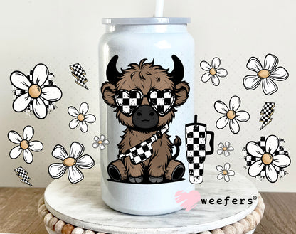 UV DTF Cup Wrap – Bougie checkered Highland Cow 16oz Glass Can Generic Weefers