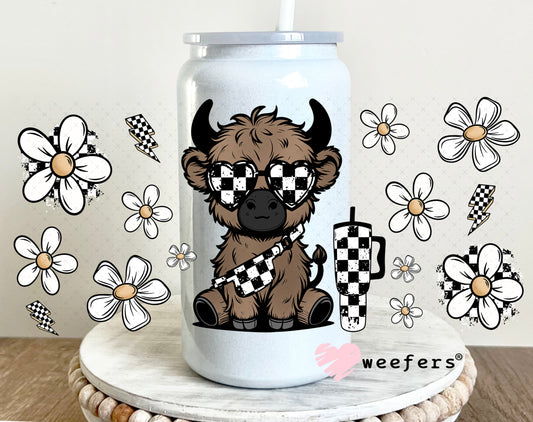 UV DTF Cup Wrap – Bougie checkered Highland Cow 16oz Glass Can Generic Weefers