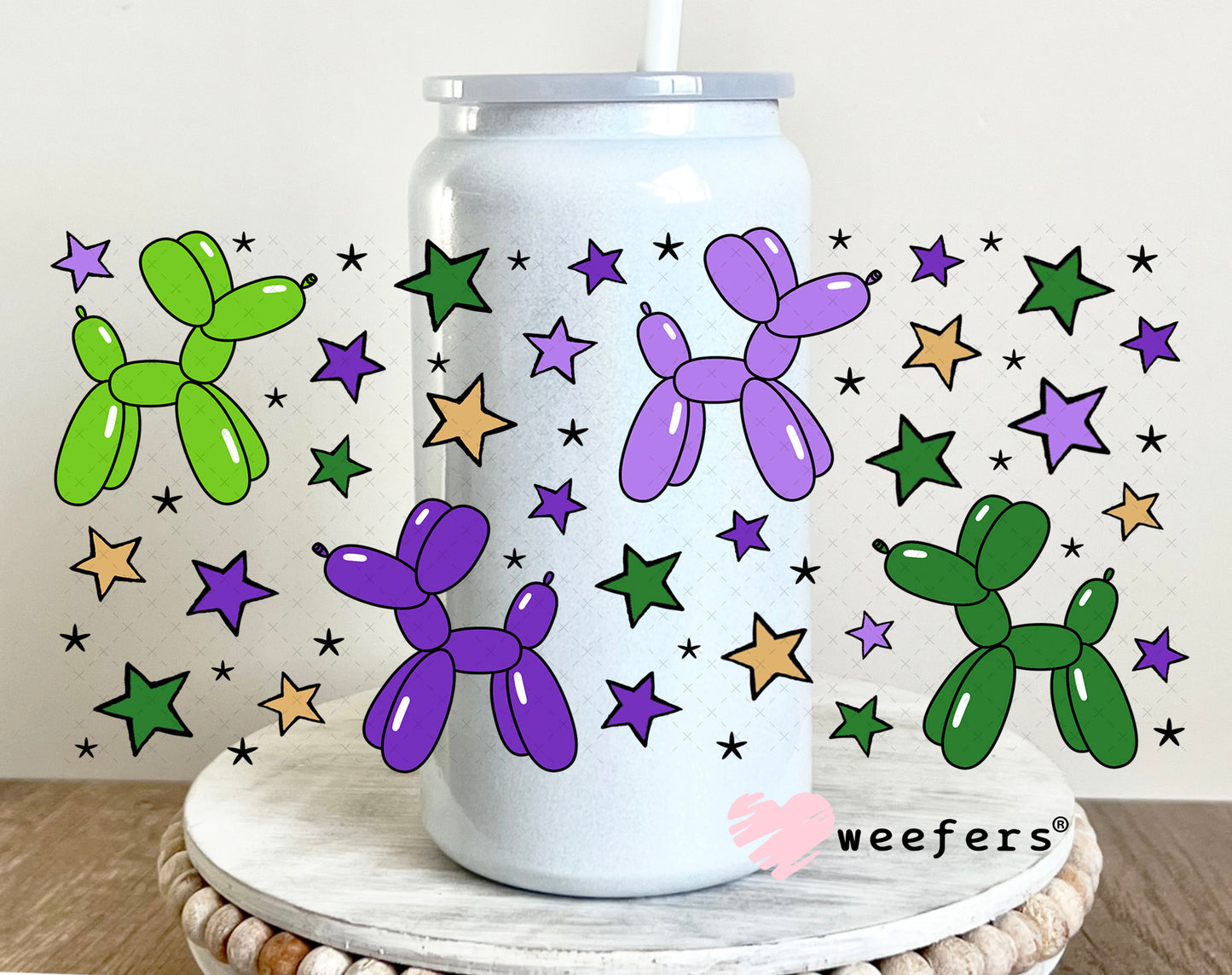 UV DTF Cup Wrap – Mardi Gras Balloon Dogs 16oz Glass Can Generic Weefers