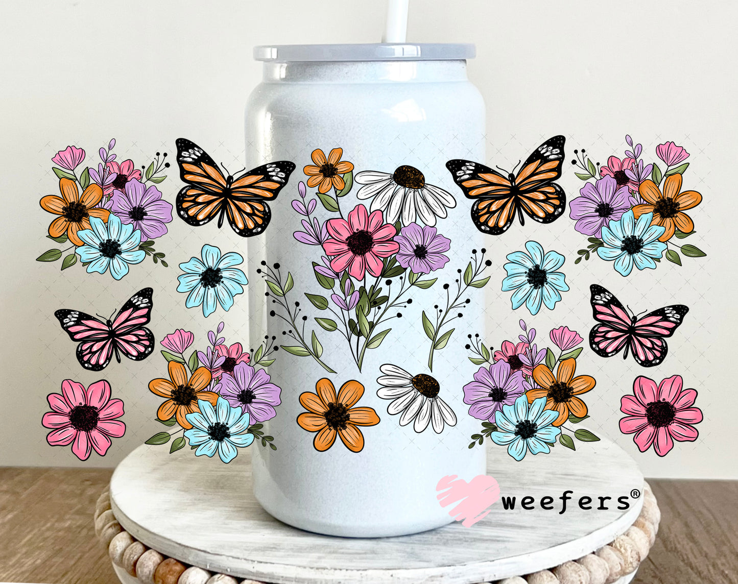 UV DTF Cup Wrap – Butterflies and Flowers 16oz Glass Can Generic Weefers