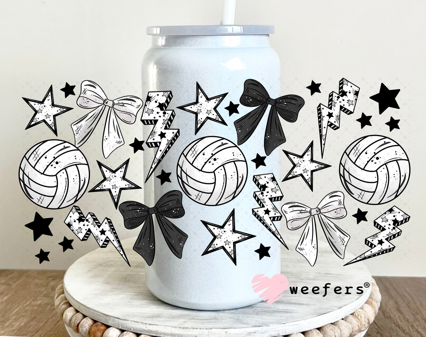 UV DTF Cup Wrap – Volleyball Black and White 16oz Glass Can Generic Weefers