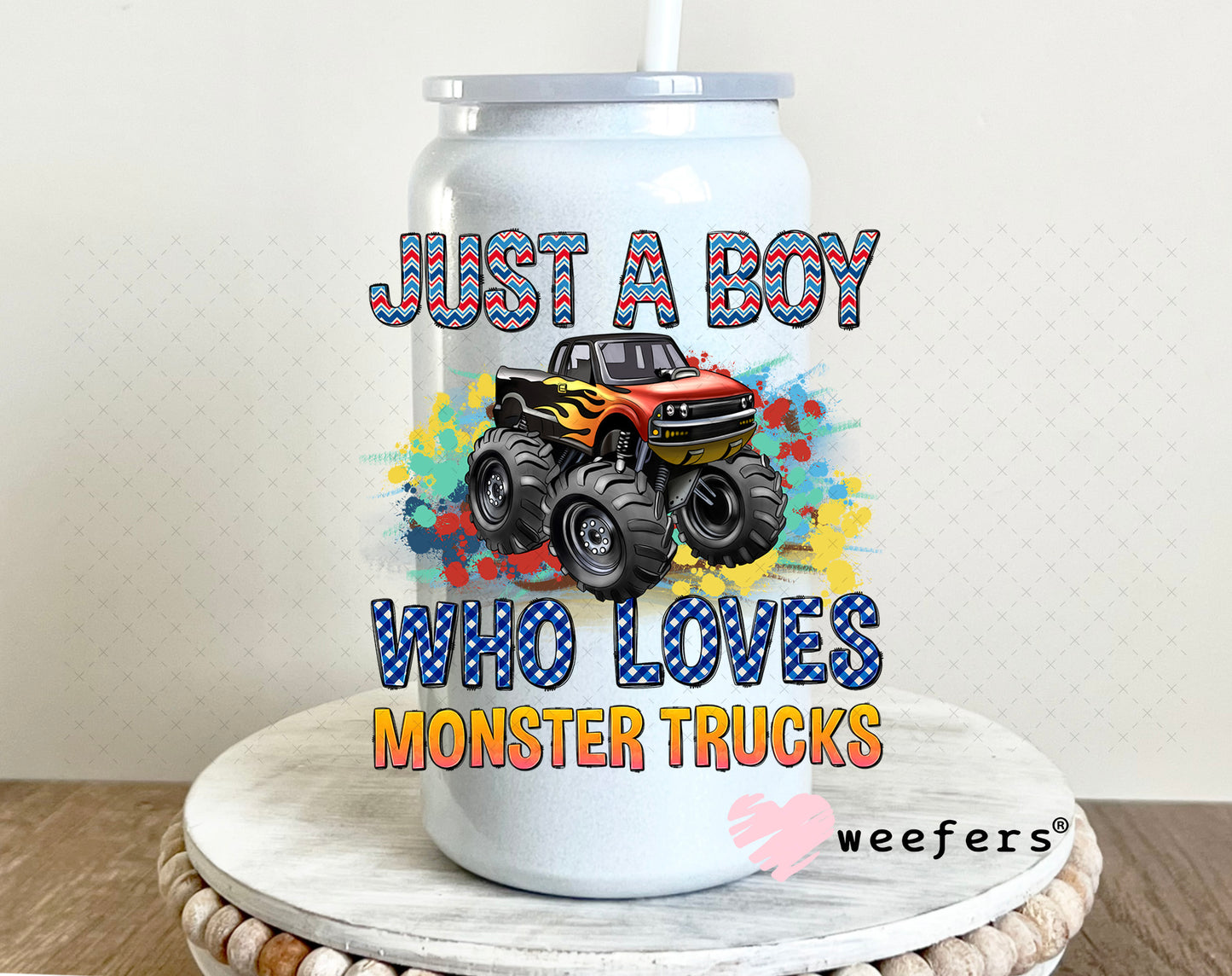 UV DTF Decal - Just a Boy Who Loves Monster Trucks 16oz Glass Can Generic Weefers
