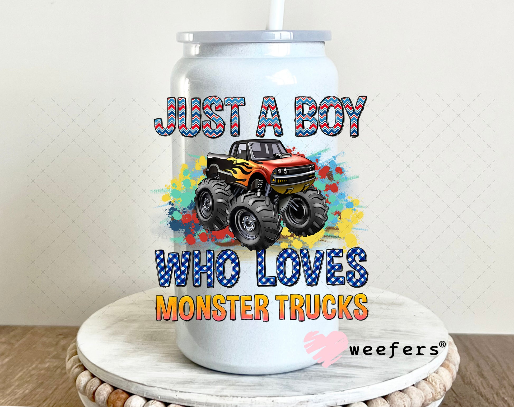 UV DTF Decal - Just a Boy Who Loves Monster Trucks 16oz Glass Can Generic Weefers