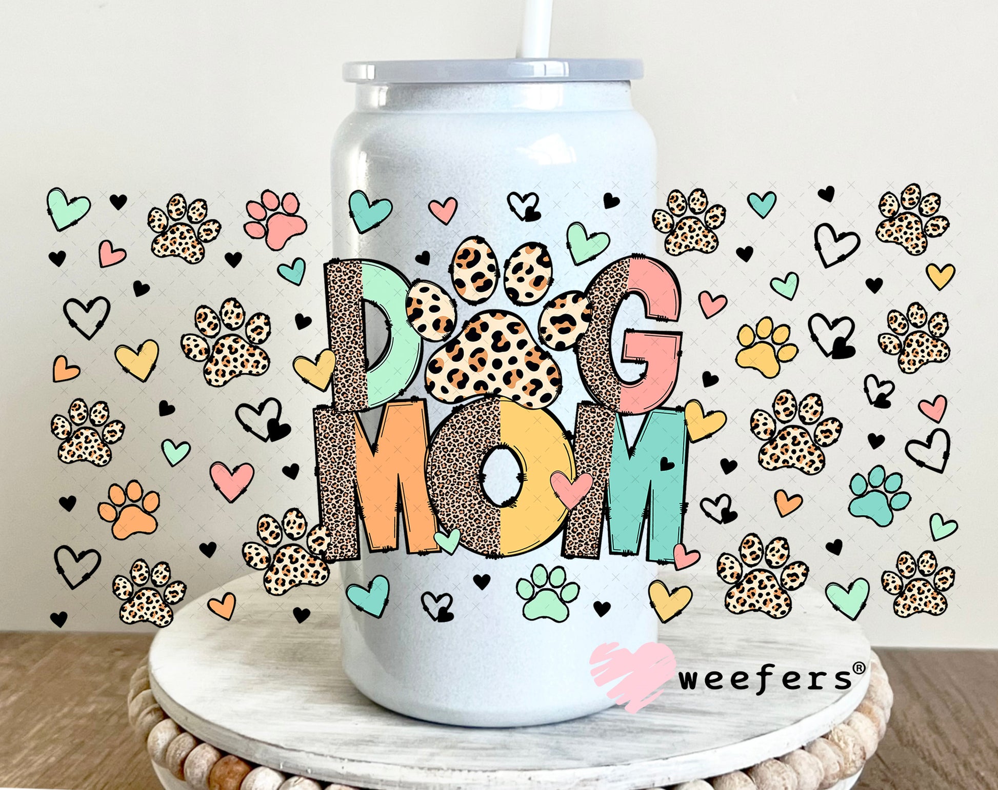 UV DTF Cup Wrap – Dog Mom Leopard Paws 16oz Glass Can Generic Weefers