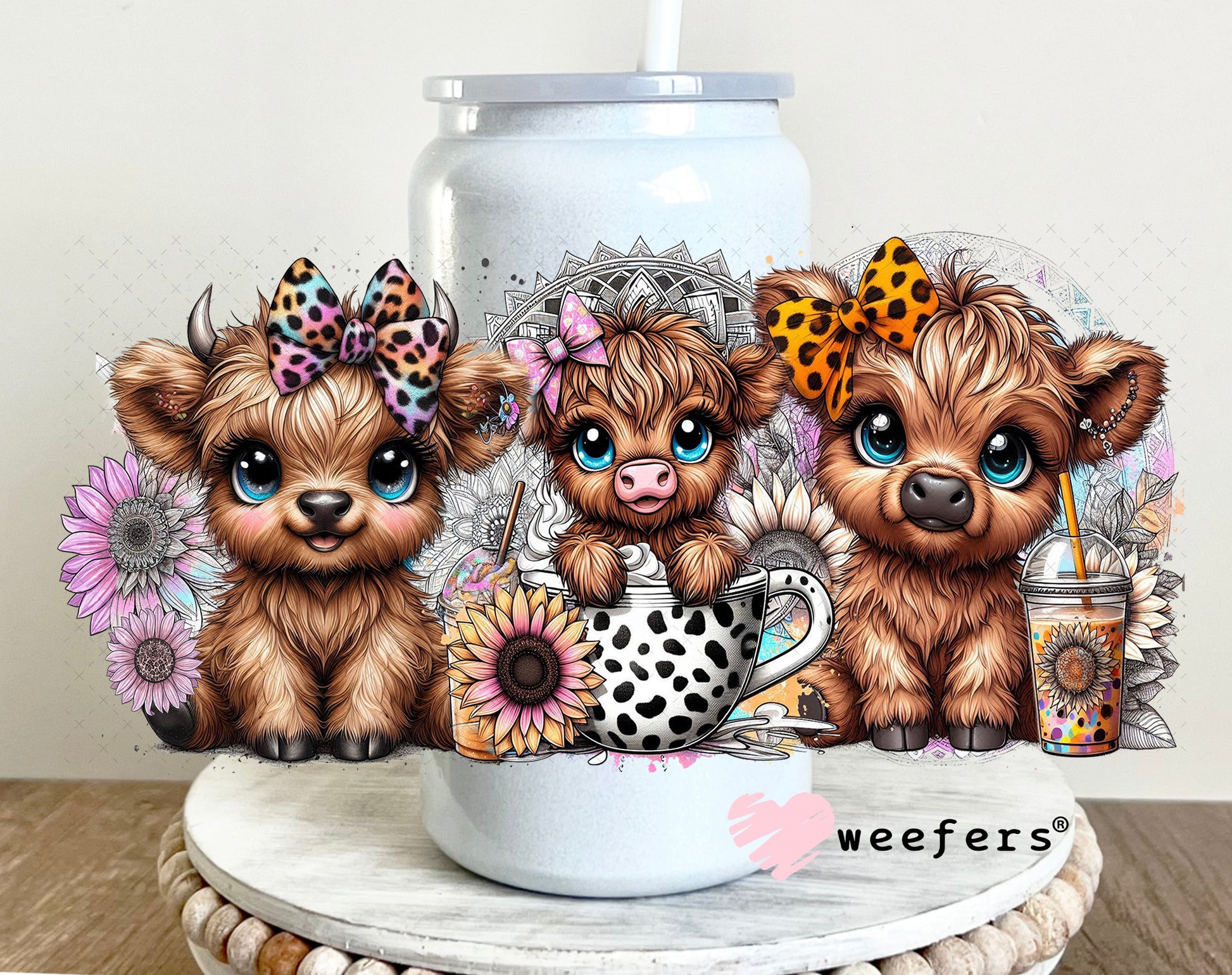 UV DTF Cup Wrap – Cutie Baby Highland Cows in a tea cup 16oz Glass Can Generic Weefers