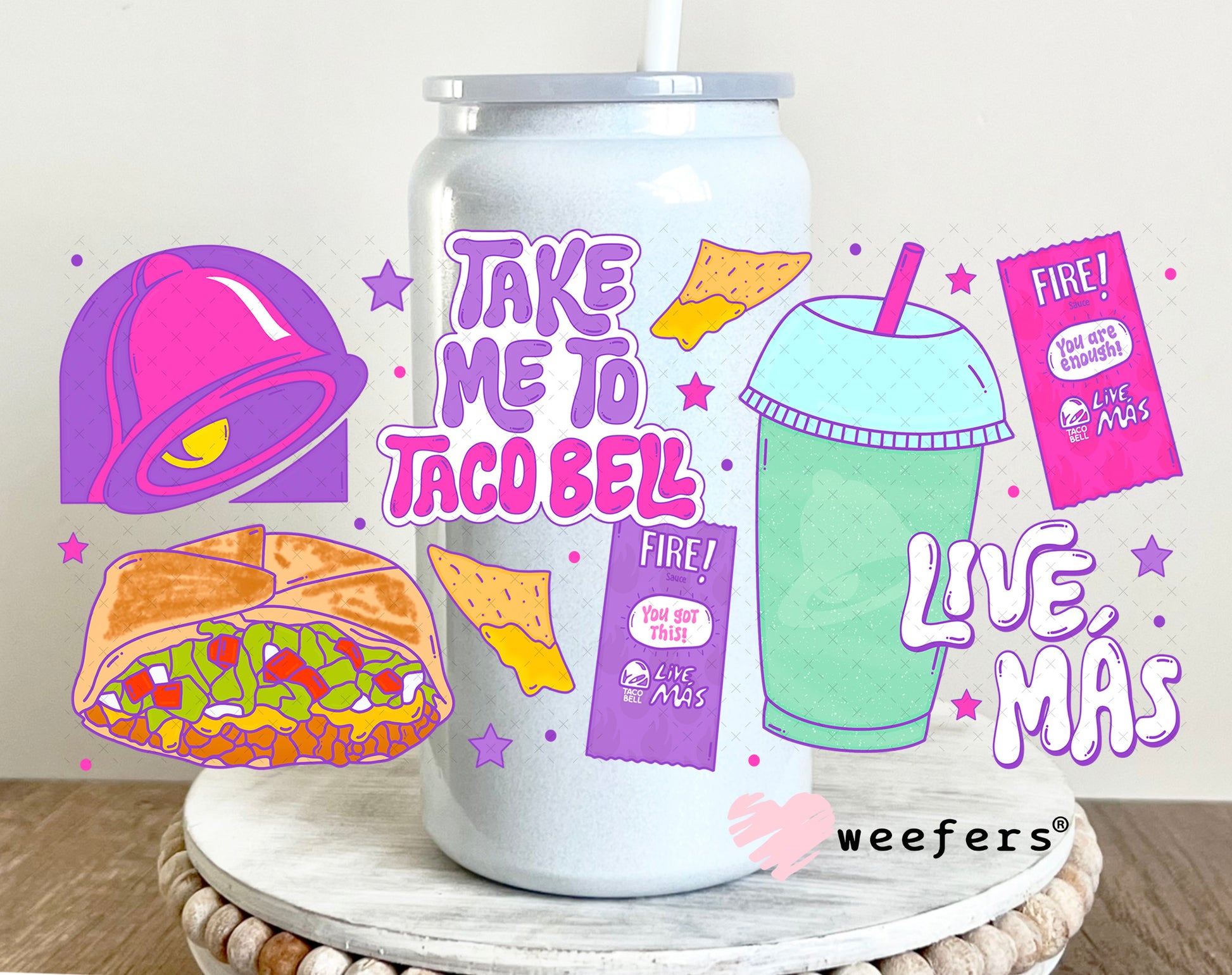 UV DTF Cup Wrap – Take Me To Taco Bell 16oz Glass Can Generic Weefers