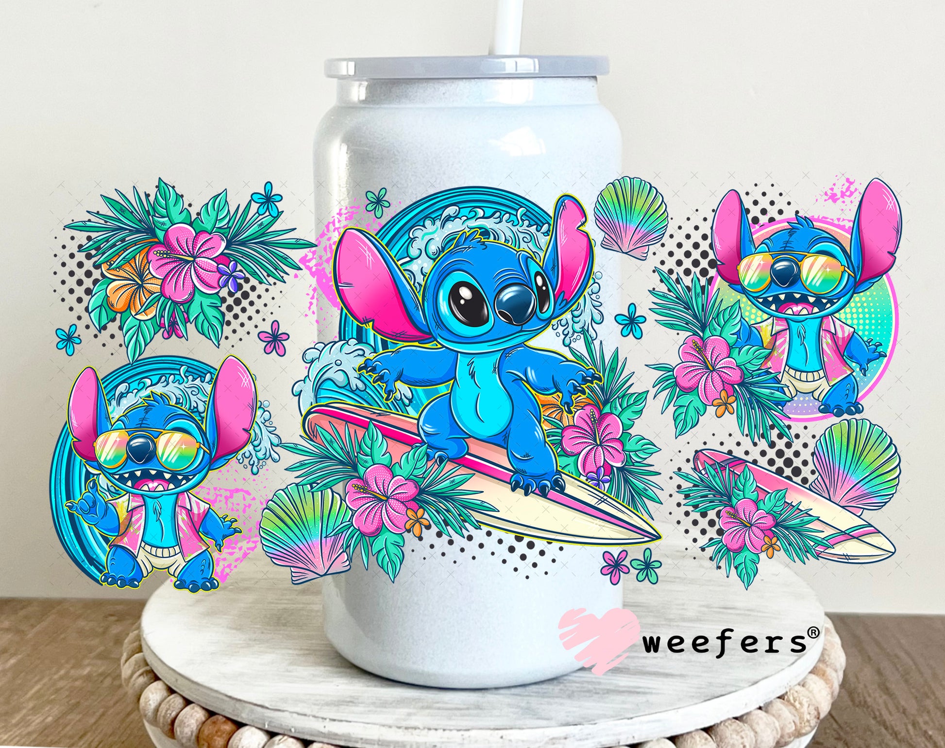 UV DTF Cup Wrap – Surfing Blue Alien 16oz Glass Can Generic Weefers