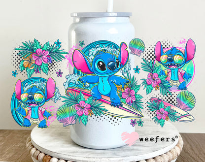 UV DTF Cup Wrap – Surfing Blue Alien 16oz Glass Can Generic Weefers