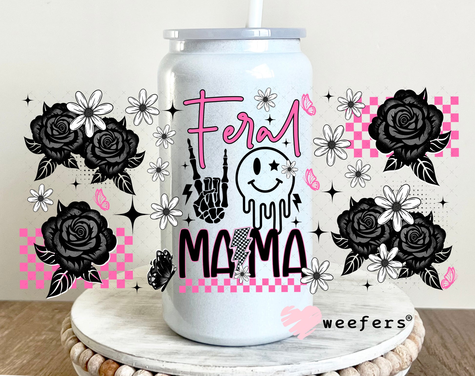 UV DTF Cup Wrap – Feral Mama Pink and Black 16oz Glass Can Generic Weefers