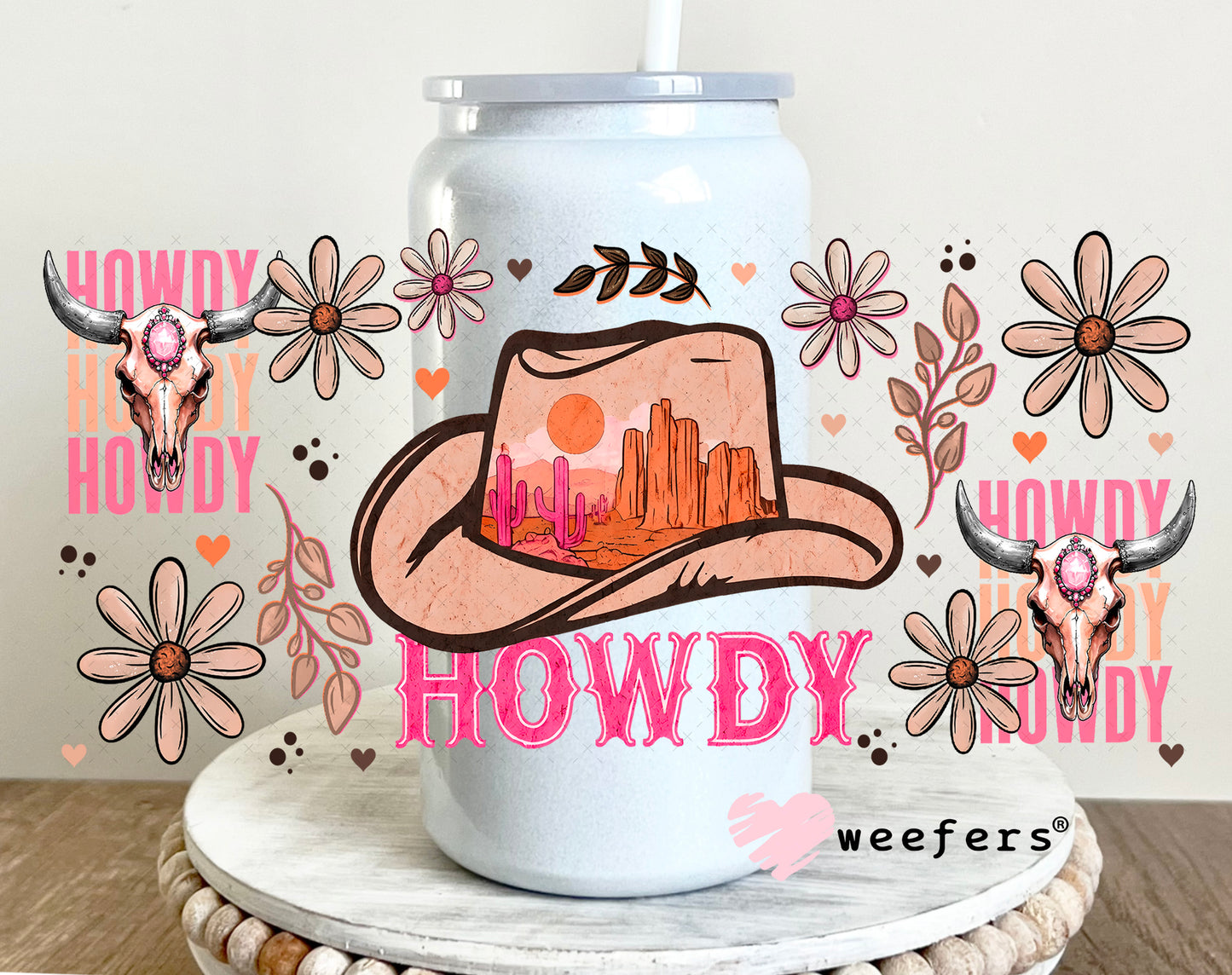 UV DTF Cup Wrap – Howdy Peach and Pink 16oz Glass Can Generic Weefers