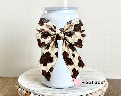 UV DTF Decal - Bow Brown Cow Print 16oz Glass Can Generic Weefers