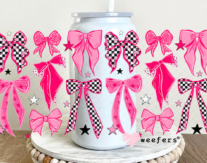 UV DTF Cup Wrap – Pink Checkered Bows 16oz Glass Can Generic Weefers