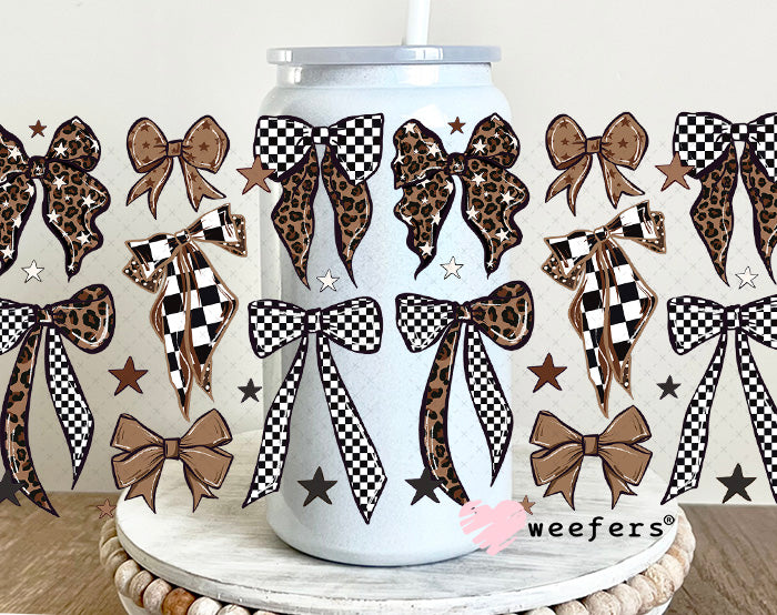 UV DTF Cup Wrap – Brown Leopard Checkered Bows 16oz Glass Can Generic Weefers