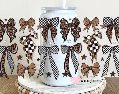 UV DTF Cup Wrap – Brown Leopard Checkered Bows 16oz Glass Can Generic Weefers