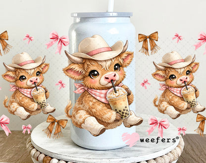 UV DTF Cup Wrap – Brown Cowgirl Highland Cow Boba - Weefers Exclusive 16oz Glass Can Generic Weefers