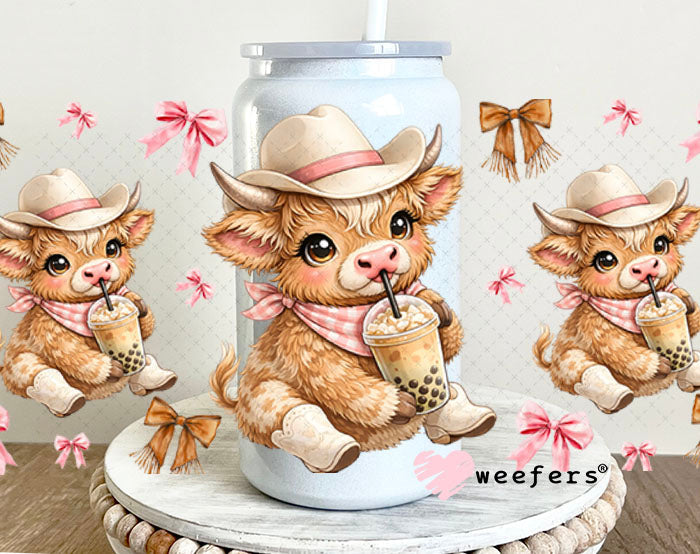 UV DTF Cup Wrap – Brown Cowgirl Highland Cow Boba - Weefers Exclusive 16oz Glass Can Generic Cup Wrap Weefers